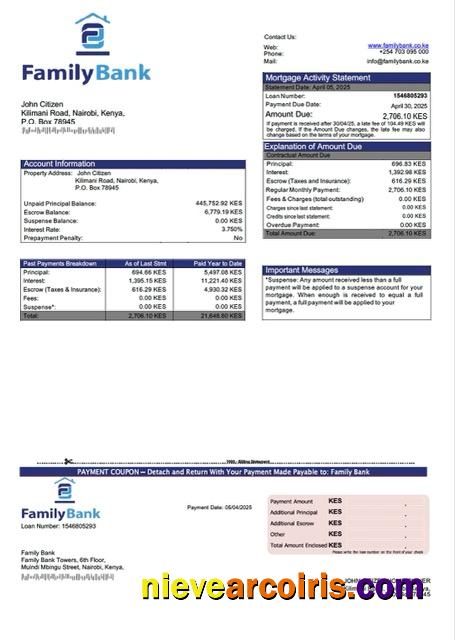 Kenya Family Bank mortgage statement Word and PDF template